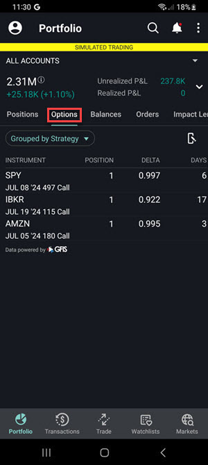 The options tab on the Android phone. 